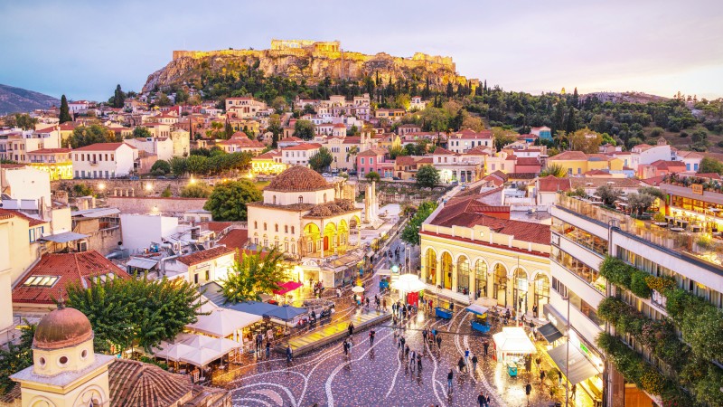 Athen Athen med utsikt over Akropolis i skumringen