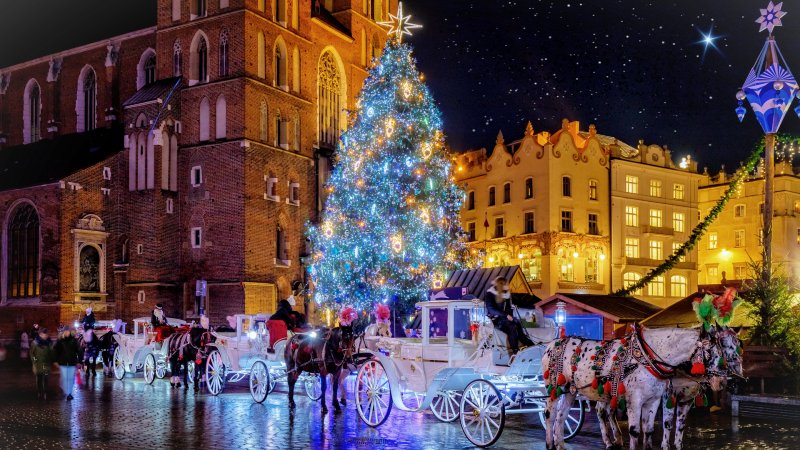 Hest og kjerre og juletre foran Mariakirken på torget